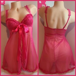 VTG VS Sexy Little Things Sequin Ruffle Babydoll Chemise Size 34B Pink